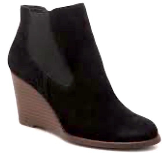 LUCKY BRAND Yamka Black Suede Wedge Chelsea Stacked Heel Bootie Shoes Size 10 - Picture 4 of 10